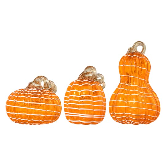 Glitzhome&#xAE; Orange and White Lines Glass Pumpkin &#x26; Gourd Set